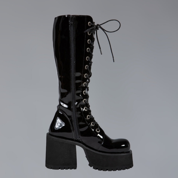 Unif Trinity Platform Black Patent Leather Lace-Up Combat Mid Calf Boot size 8 - Picture 6 of 6